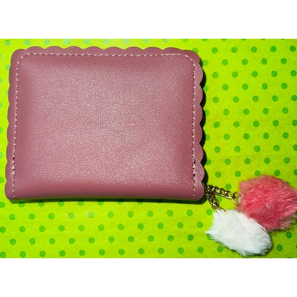 Pink Wallet With Fairy & Floral Design Zipper Closure Scalloped Edges Pom-Pom Ch - Picture 2 of 4